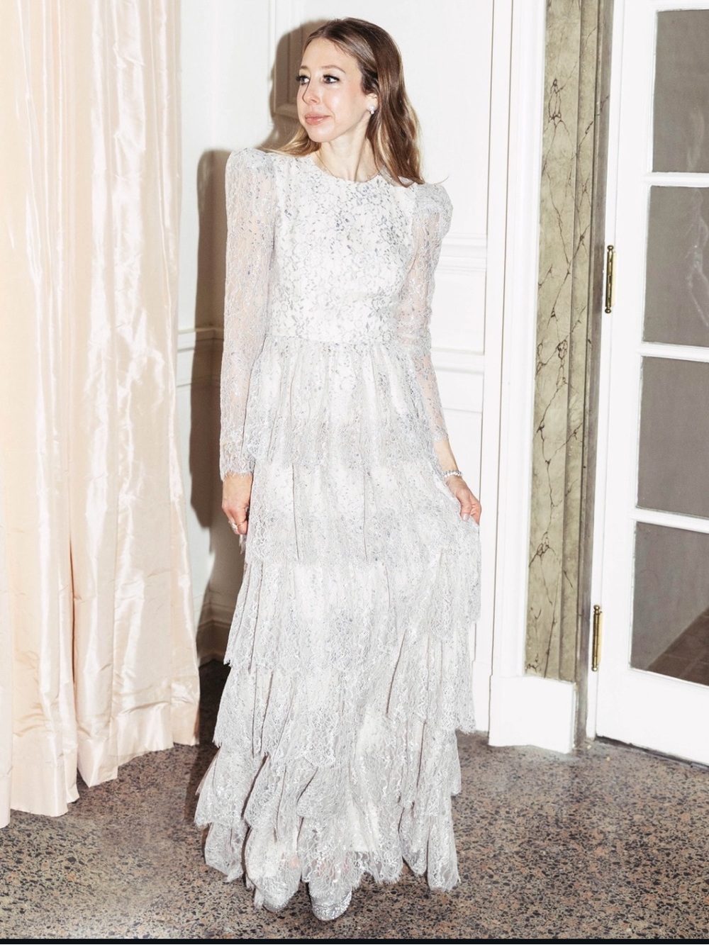 NWT ANTONIO MELANI x Born on Fifth White Lace Tiered Maxi Dress with Long Sleeve